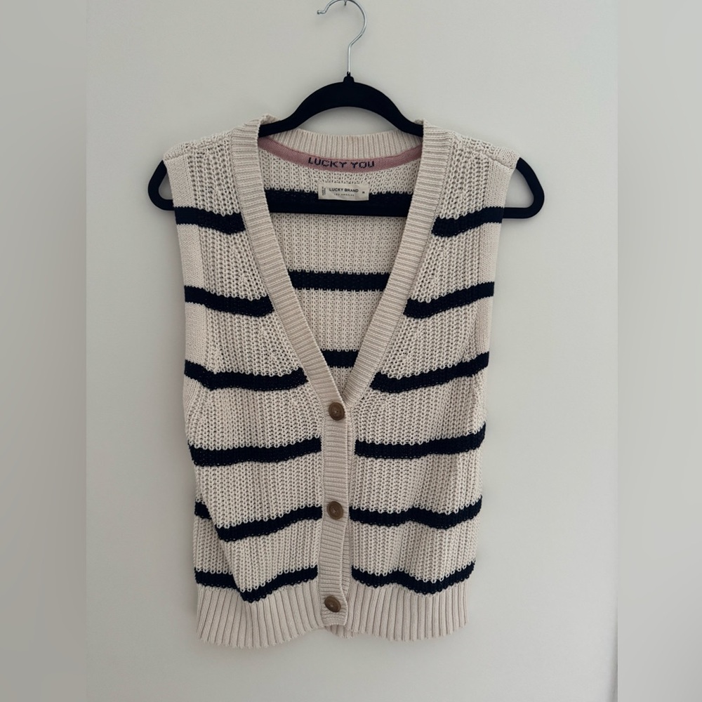 Lucky Brand Cream & Navy Striped Knit Button-Up Vest